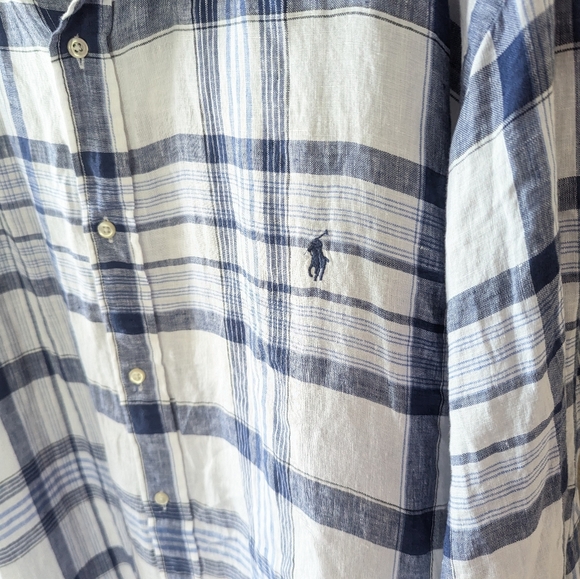 Ralph Lauren Relaxed Fit Linen Shirt 4XLT White Blue Plaid Long Sleeve w Logo 4X - Picture 4 of 7